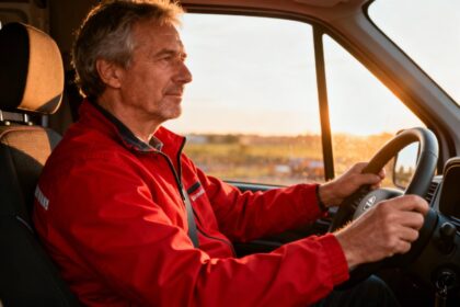 Homme d'âge mûr conduisant un véhicule de transport avec une veste rouge vive, intérieur de voiture moderne