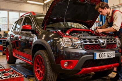 Mécanicien travaillant sur une Dacia Duster rouge avec pièces tuning dans un atelier professionnel