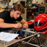 Étudiant ingénieur portant un casque rouge travaillant sur le chassis d'une voiture de course dans un atelier universitaire