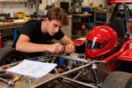 Étudiant ingénieur portant un casque rouge travaillant sur le chassis d'une voiture de course dans un atelier universitaire