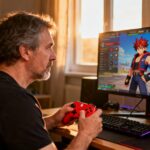 Un gamer adulte concentré personnalisant un personnage de My Hero Ultra Rumble sur son écran de jeu avec une manette rouge vibrante