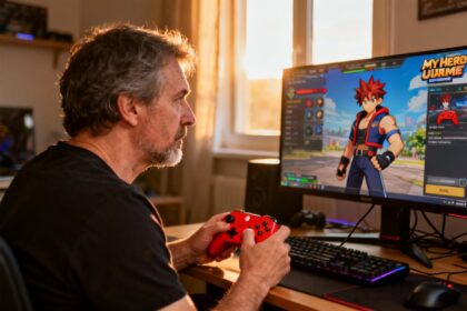 Un gamer adulte concentré personnalisant un personnage de My Hero Ultra Rumble sur son écran de jeu avec une manette rouge vibrante