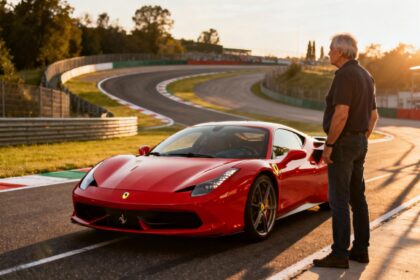 Homme adulte devant une Ferrari rouge sur le circuit de Monza avec la courbe emblématique en arrière-plan
