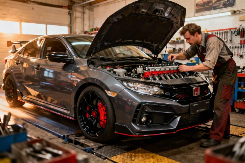 Honda Civic Type R FK8 modifiée en mouvement avec freins rouges vifs et mécanique dans un atelier européen