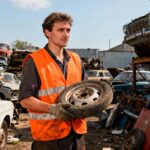 Mécanicien européen des années 50 portant une veste orange, tenant une pièce de voiture dans une casse automobile