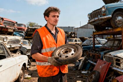 Mécanicien européen des années 50 portant une veste orange, tenant une pièce de voiture dans une casse automobile