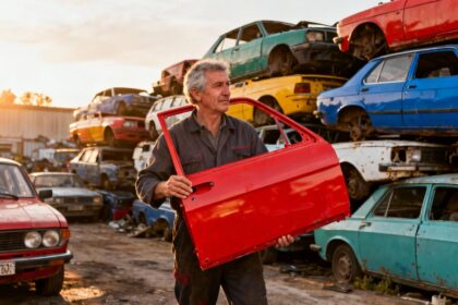 Mécanicien de 55 ans dans une casse automobile à Aix les Milles, tenant une pièce de voiture rouge vive parmi des piles de pièces colorées
