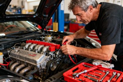Mécanicien expérimenté ajustant un moteur de voiture sport dans un atelier à Ajaccio, outils rouges vibrants