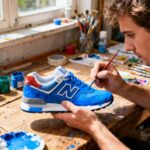 Mains européennes appliquant de la peinture bleue vibrante sur des sneakers New Balance, pinceaux et outils éparpillés sur l'établi