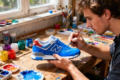 Mains européennes appliquant de la peinture bleue vibrante sur des sneakers New Balance, pinceaux et outils éparpillés sur l'établi