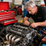 Homme de 50 ans réglant les composants du moteur d'une Peugeot 206 dans un atelier avec boîte à outils rouge visible