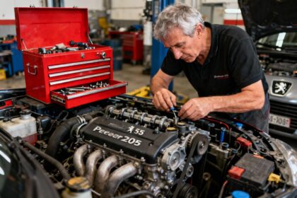 Homme de 50 ans réglant les composants du moteur d'une Peugeot 206 dans un atelier avec boîte à outils rouge visible
