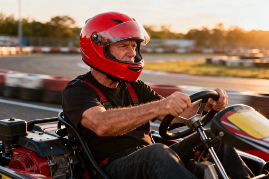 Homme d'âge mûr en casque de course rouge concentré au volant d'un kart sur circuit, ambiance sportive