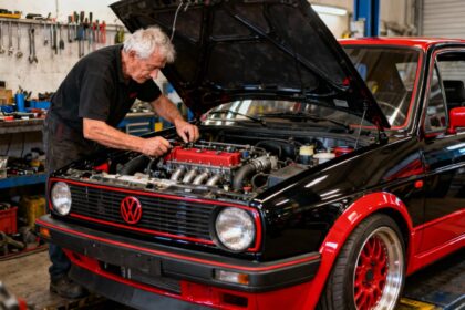Mécanicien européen de 55 ans travaillant sur le moteur d'une Volkswagen Golf 2 tuning rouge dans un atelier équipé