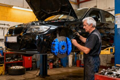 BMW E90 Series 3 tuning avec mécanique ajustant le moteur dans un atelier professionnel et calipers bleus vibrants