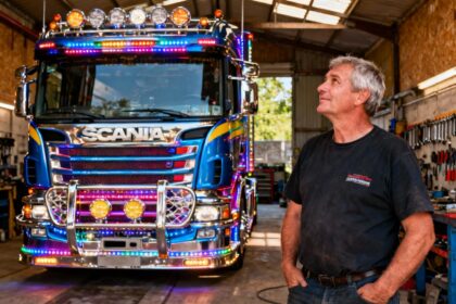 Chauffeur de 50 ans devant son camion Scania personnalisé avec chromes et LEDs dans un atelier