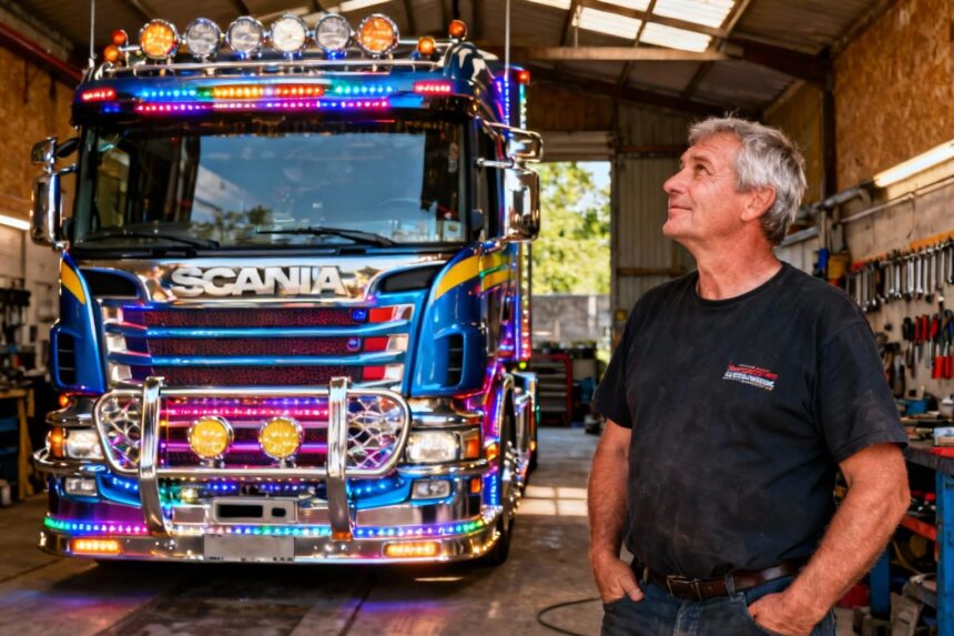 Chauffeur de 50 ans devant son camion Scania personnalisé avec chromes et LEDs dans un atelier