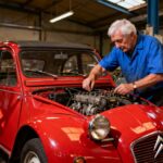 Mécanicien en chemise bleue inspectant le moteur d'une Citroën 2CV rouge dans un musée automobile