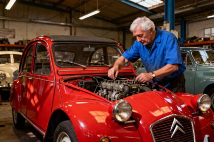 Mécanicien en chemise bleue inspectant le moteur d'une Citroën 2CV rouge dans un musée automobile