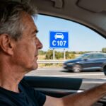 Conducteur de 55 ans regardant un panneau bleu de route pour automobile sur une autoroute française
