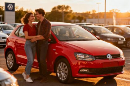 Couple heureux examinant une Volkswagen Polo rouge sur un parking de concessionnaire automobile au coucher de soleil