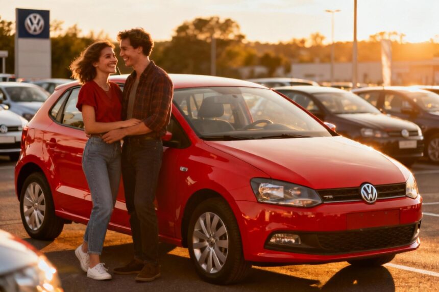 Couple heureux examinant une Volkswagen Polo rouge sur un parking de concessionnaire automobile au coucher de soleil