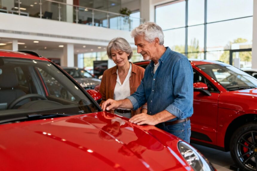 Couple d'âge moyen examinant une voiture rouge dans un showroom automobile moderne avec éclairage naturel