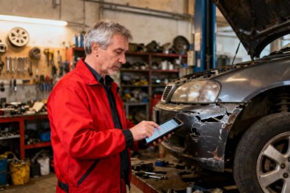 Expert automobile en veste rouge examinant les dommages d'une voiture avec une tablette de diagnostic dans un atelier