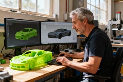 Homme européen de 50 ans modélisant une voiture en 3D sur ordinateur, avec pièce imprimée verte en contraste