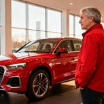 Homme de 50 ans en veste rouge admirant une Audi Q5 e-hybrid dans une concession moderne avec lumière naturelle