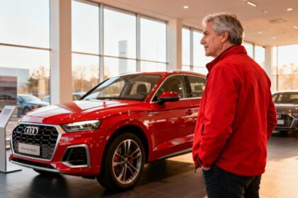 Homme de 50 ans en veste rouge admirant une Audi Q5 e-hybrid dans une concession moderne avec lumière naturelle