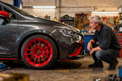 Homme de 50 ans admirant une Renault Clio 4 modifiée avec jantes sport rouges dans un atelier mécanique