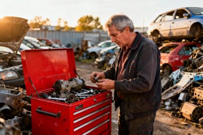 Homme de 50 ans examinant des pièces de voiture dans une casse automobile à Orléans, avec une boîte à outils rouge