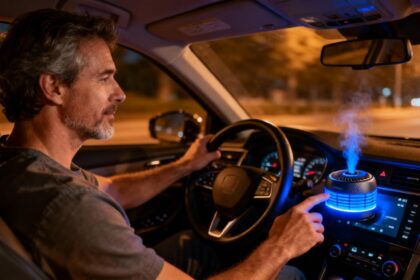 Homme de 45 ans conduisant une voiture tout en utilisant un diffuseur de parfum automobile avec lumière LED bleue sur le tableau de bord