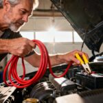 Homme de 55 ans connectant des câbles de démarrage rouges à une batterie de voiture sous le capot