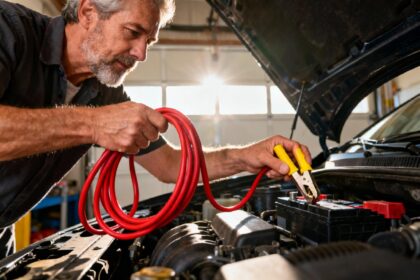 Homme de 55 ans connectant des câbles de démarrage rouges à une batterie de voiture sous le capot