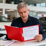 Homme de 55 ans vérifiant attentivement des documents dans un dossier rouge sur le bureau d'un concessionnaire automobile