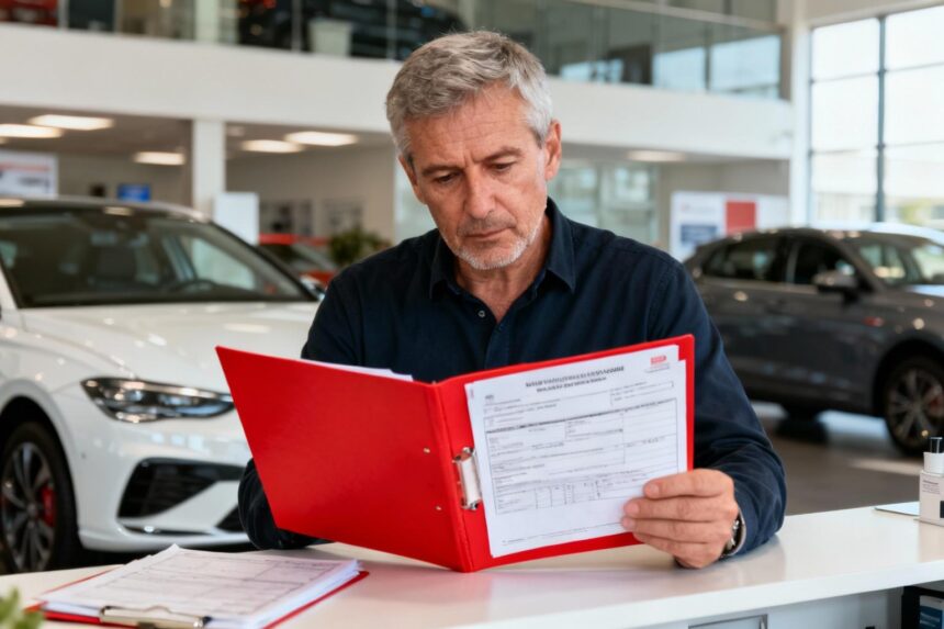Homme de 55 ans vérifiant attentivement des documents dans un dossier rouge sur le bureau d'un concessionnaire automobile