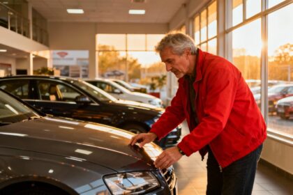 Client âgé examinant une voiture d'occasion dans un showroom Temple Automobiles avec d'autres véhicules en arrière-plan