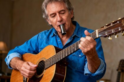 Musicien de 55 ans en chemise bleue jouant de la guitare acoustique avec un bottleneck en studio