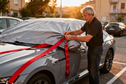 Homme installant une housse de protection sur une voiture grise dans une rue urbaine