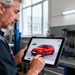 Homme d'âge mûr configurant une voiture rouge sur tablette dans un atelier équipé