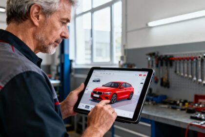 Homme d'âge mûr configurant une voiture rouge sur tablette dans un atelier équipé