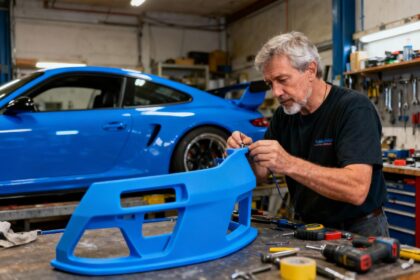 Homme européen de 50 ans travaillant sur un projet de personnalisation automobile avec une pièce bleue vibrante imprimée en 3D