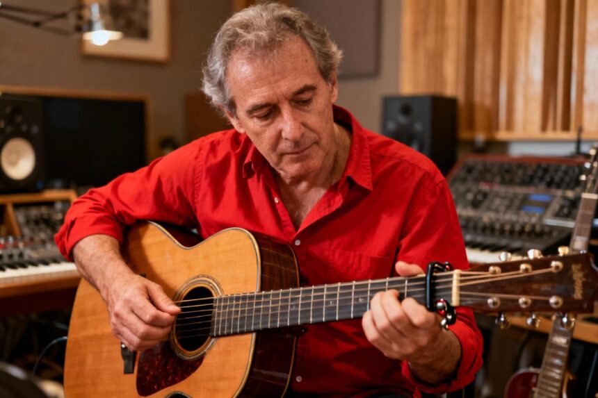 Homme de 55 ans accordant une guitare acoustique, portant une chemise rouge, dans un studio de musique chaleureux