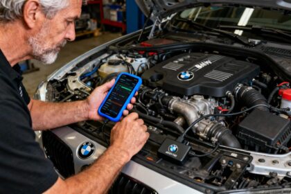 Homme de 50 ans utilisant un smartphone avec coque bleue pour régler le moteur d'une BMW via un adaptateur WiFi MHD