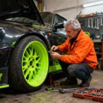 Homme de 50 ans en veste orange travaillant sur une voiture avec jantes vert fluo dans un garage
