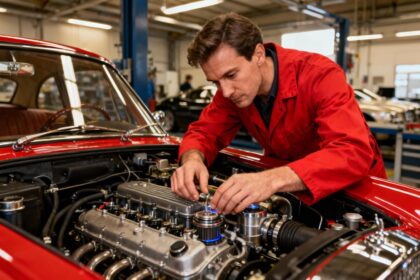 Ingénieur en mécanique automobile portant une veste rouge vif inspectant un moteur de voiture de luxe dans un atelier moderne