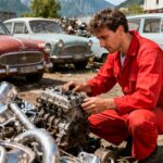 Mécanicien en salopette rouge inspectant une pièce moteur dans une casse automobile à Annecy avec voitures vintage en arrière-plan