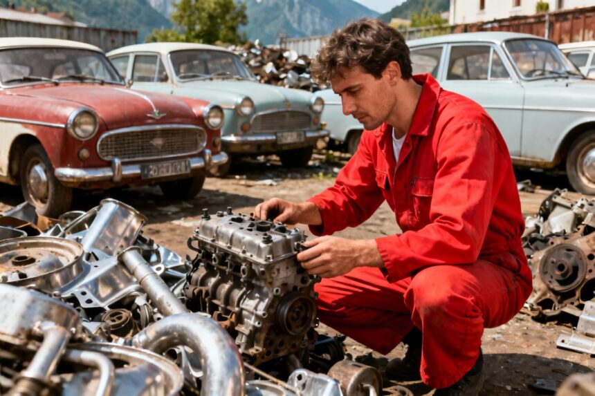 Mécanicien en salopette rouge inspectant une pièce moteur dans une casse automobile à Annecy avec voitures vintage en arrière-plan
